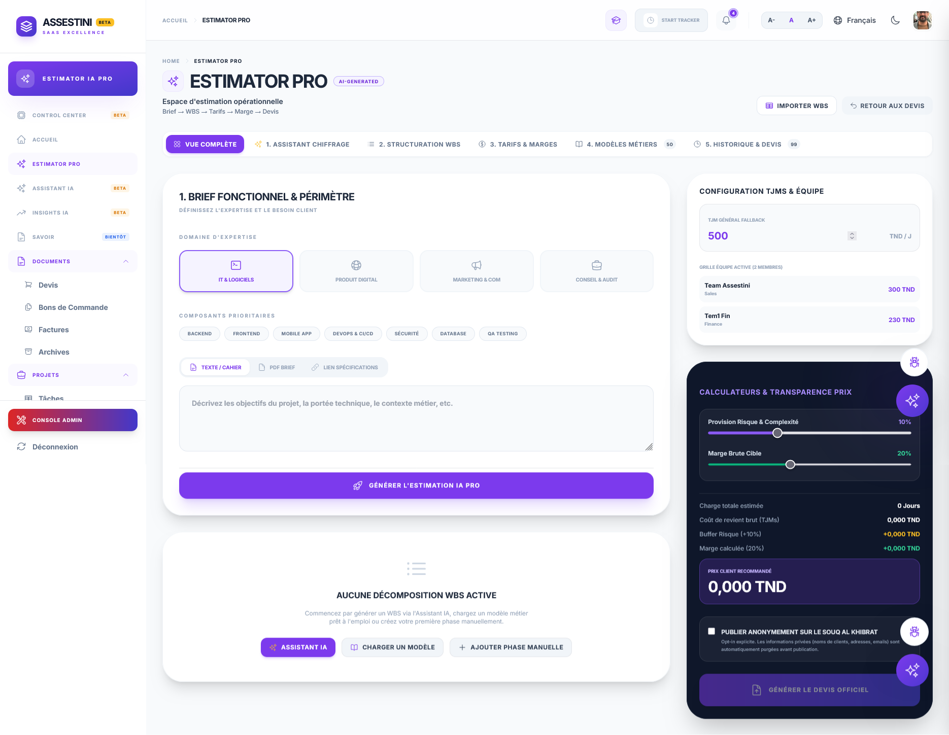 Assestini home dashboard showing Vision Opérationnelle and project delivery pipeline