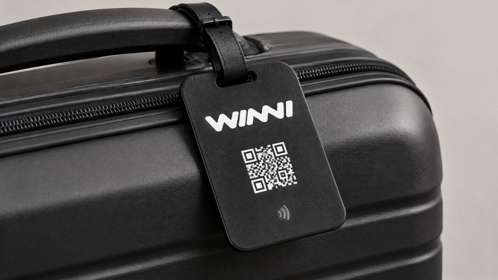 PHOTO 05 — Premium luggage tag with WINNI identifier in airport