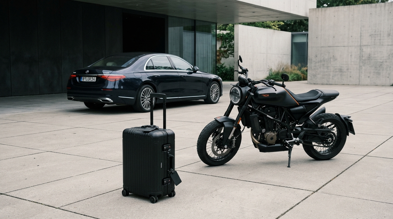 Wide editorial photograph combining a car, motorcycle, and travel luggage on clean pavement